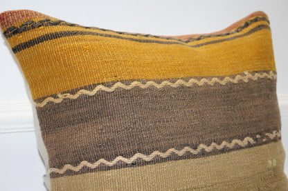 Striped Kilim Pillow Cover, Earth Tone Rug Cushion, Boho Decor