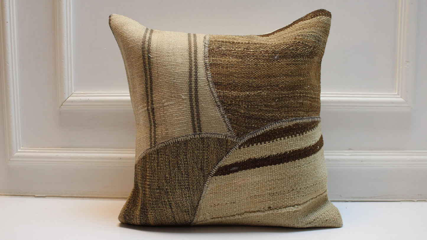 Vintage Turkish Kilim Pillow Cover, Neutral Patchwork Rug Cushion
