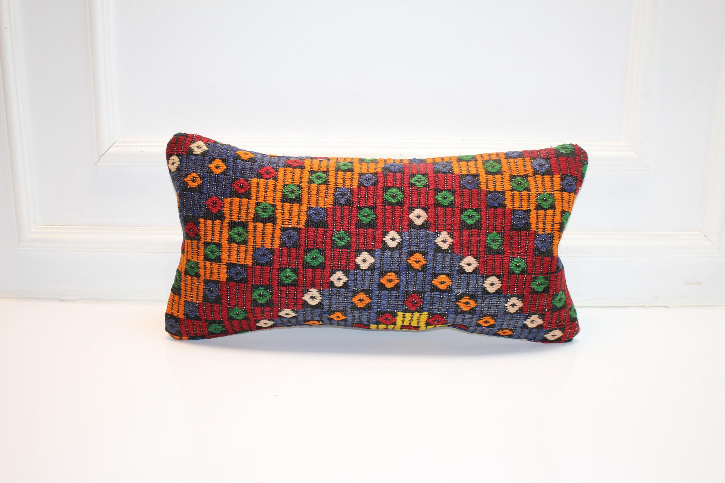 Vintage Turkish Kilim Lumbar Pillow Cover, Geometric Woven Wool, 12x24 inch