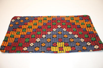 Vintage Turkish Kilim Lumbar Pillow Cover, Geometric Woven Wool, 12x24 inch