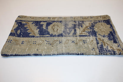 Handmade Turkish Kilim Lumbar Pillow, Beige Blue Woven Rug Cushion 12x24