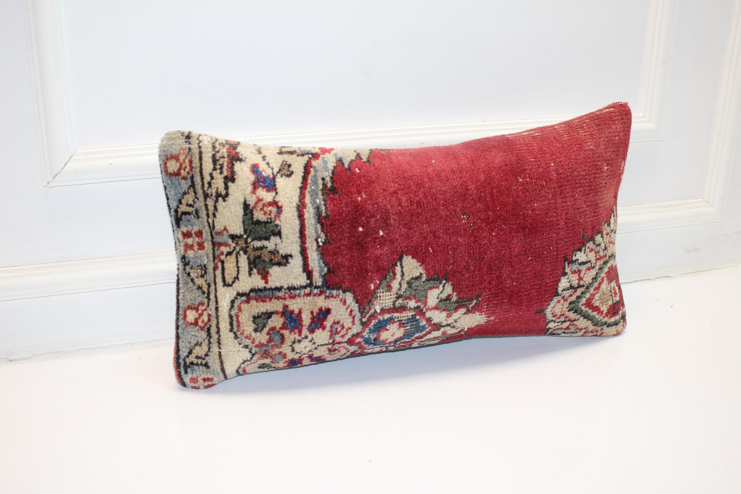 Vintage Turkish Kilim Lumbar Pillow, Burgundy Floral Cushion, 12x24