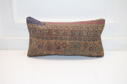 Vintage Turkish Kilim Lumbar Pillow, Earth Tone Boho Cushion (12x24 inch)