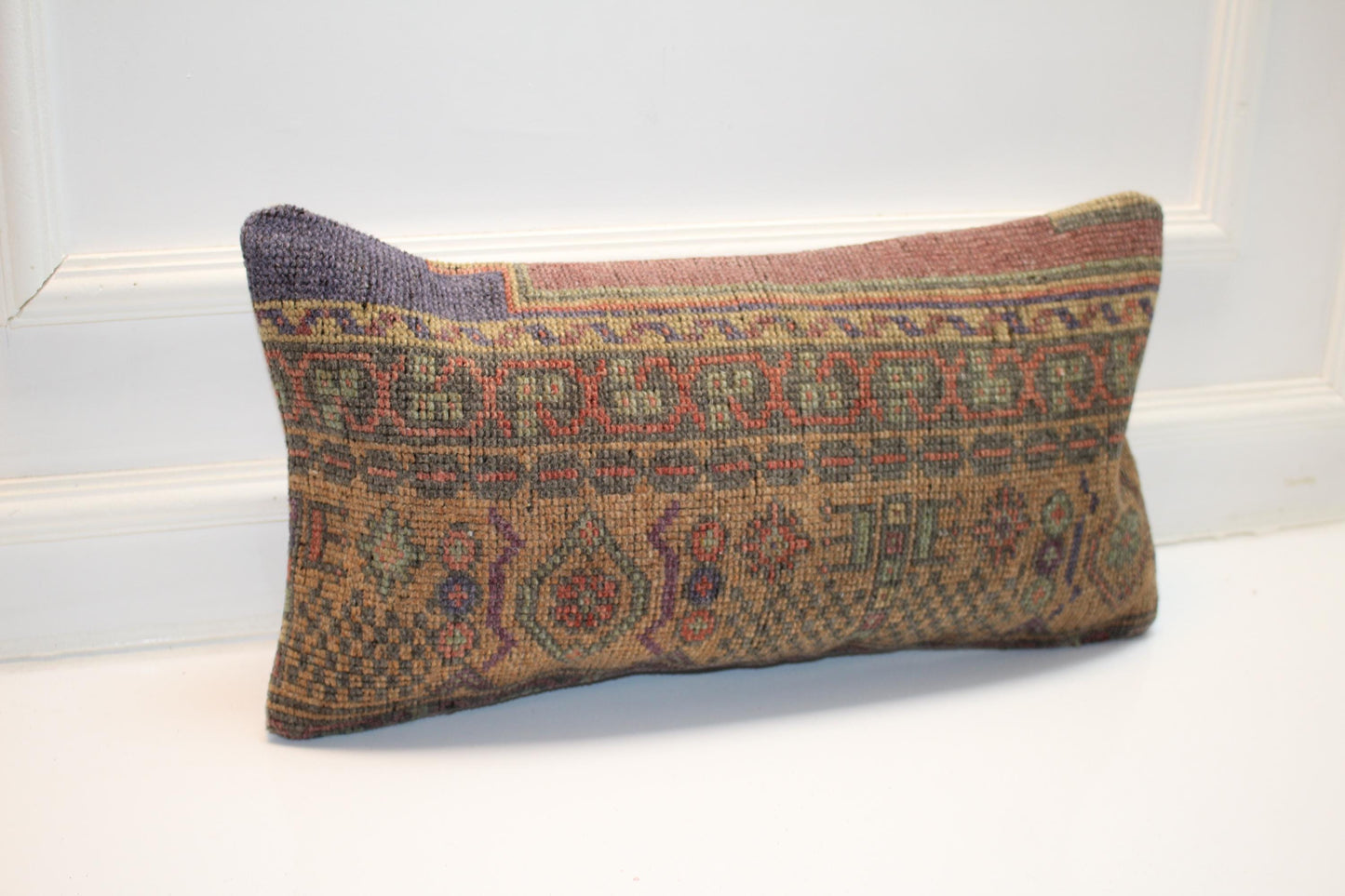 Vintage Turkish Kilim Lumbar Pillow, Earth Tone Boho Cushion (12x24 inch)