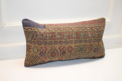 Vintage Turkish Kilim Lumbar Pillow, Earth Tone Boho Cushion (12x24 inch)