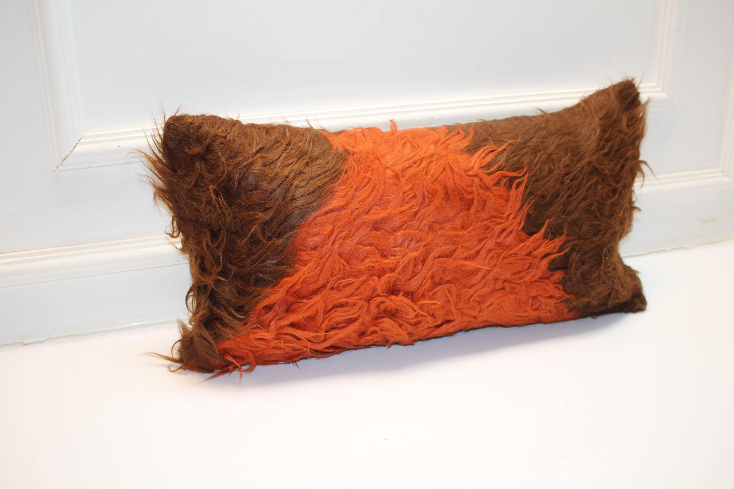 Vintage Turkish Kilim Lumbar Pillow, Furry Boho Bench Cushion (12x24 inch)