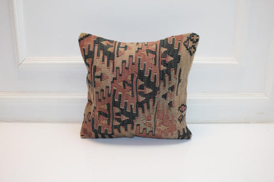 Vintage Turkish Kilim Pillow Cover, Earthy Boho Rug Cushion, Rustic Tribal Pattern Decor, Anatolian Handwoven Style Pillow (16x16 in)