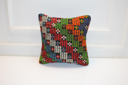 Colorful Vintage Turkish Kilim Pillow Cover, Boho Patchwork Rug Cushion, Tribal Anatolian Pattern Accent Pillow(16x16 in)