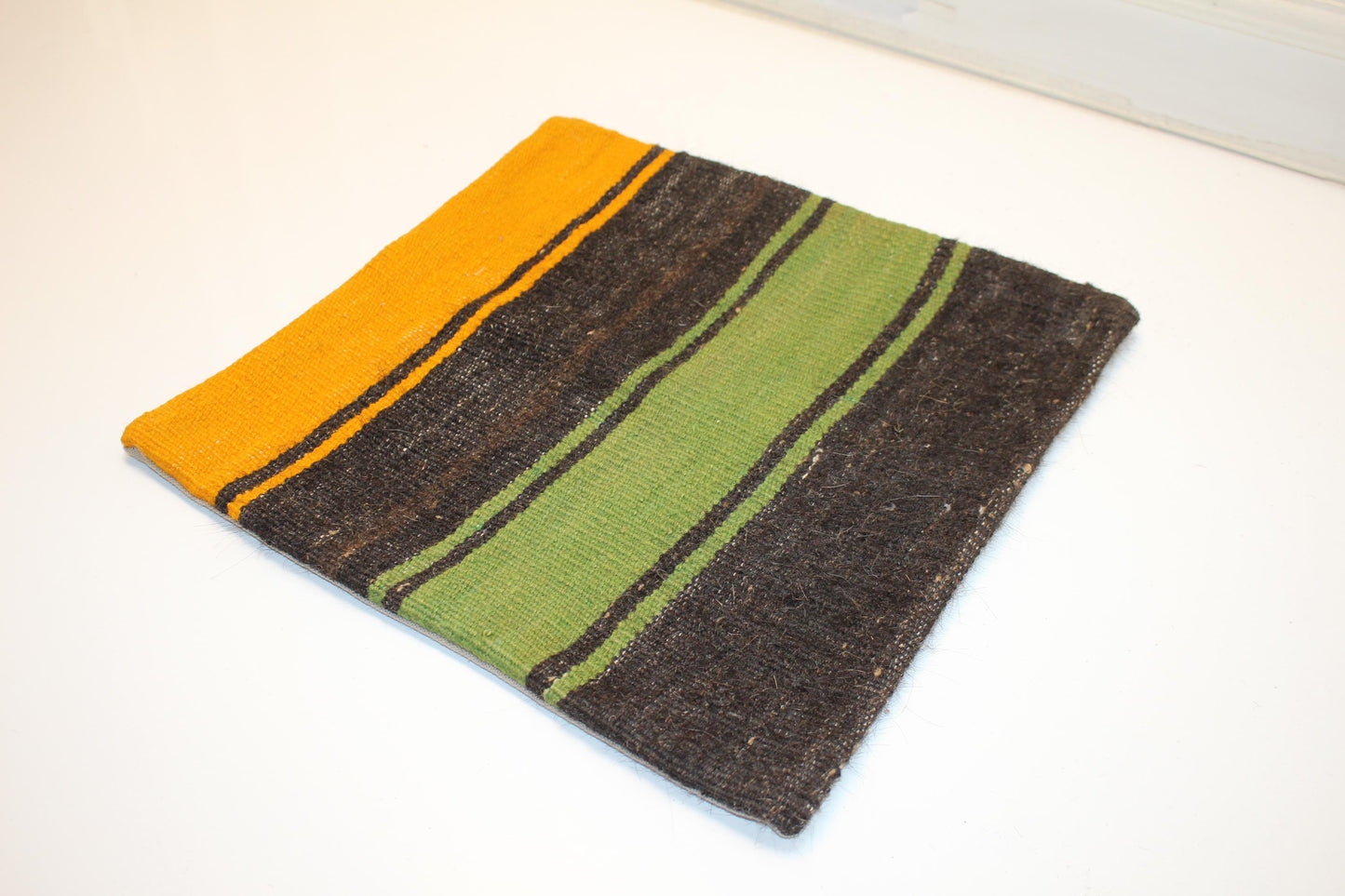 Vintage Turkish Kilim Pillow Cover, Striped Boho Rug Cushion, Earthy Minimal Anatolian Design Accent Pillow(16x16 in)