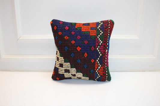 Colorful Vintage Turkish Kilim Pillow Cover, Tribal Anatolian Rug Cushion, Boho Ethnic Pattern Accent Pillow (16x16 in)