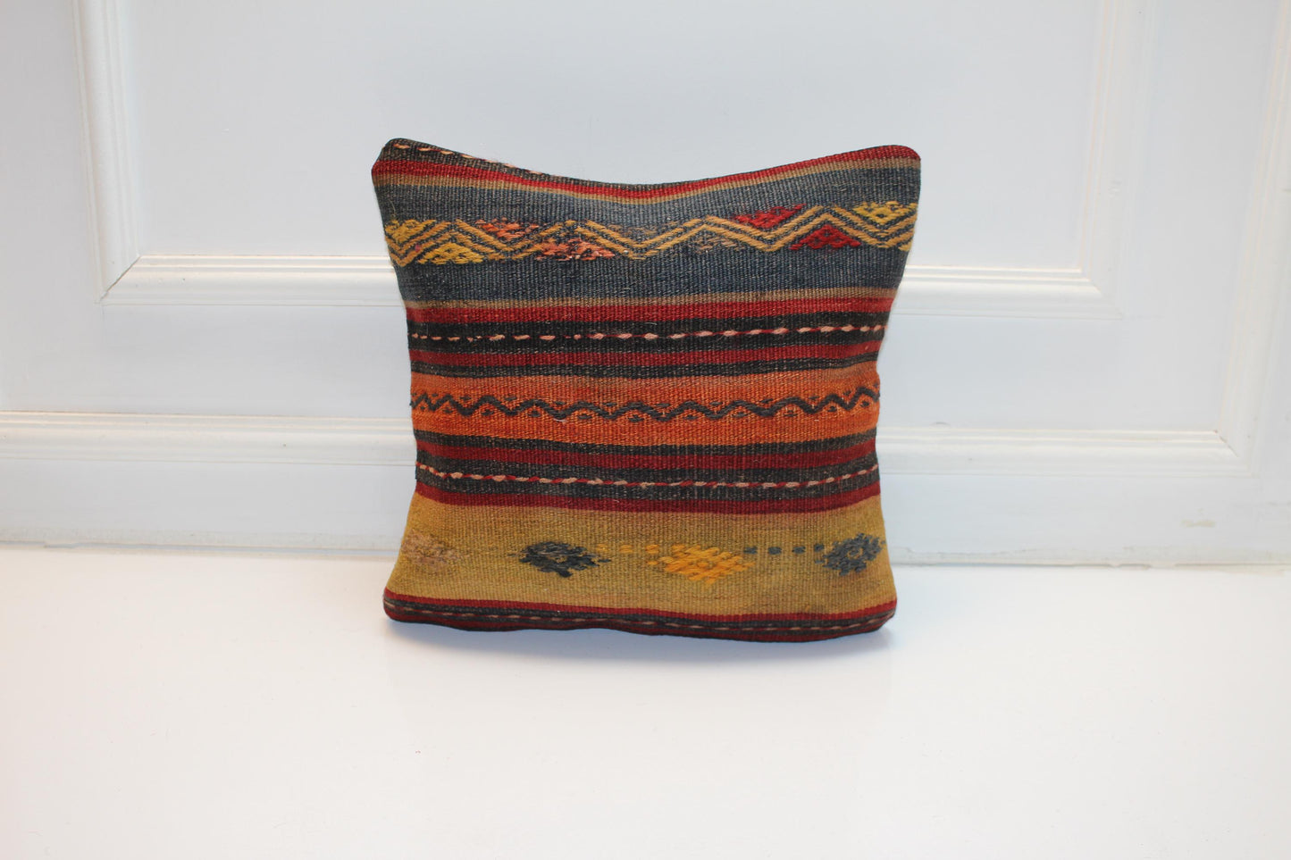 Vintage Turkish Kilim Pillow Cover, Striped Anatolian Rug Cushion, Rustic Boho Ethnic Pattern Accent Pillow (16x16 in)