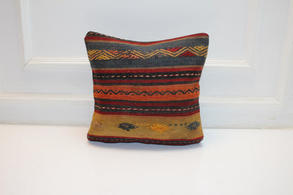 Vintage Turkish Kilim Pillow Cover, Striped Anatolian Rug Cushion, Rustic Boho Ethnic Pattern Accent Pillow (16x16 in)