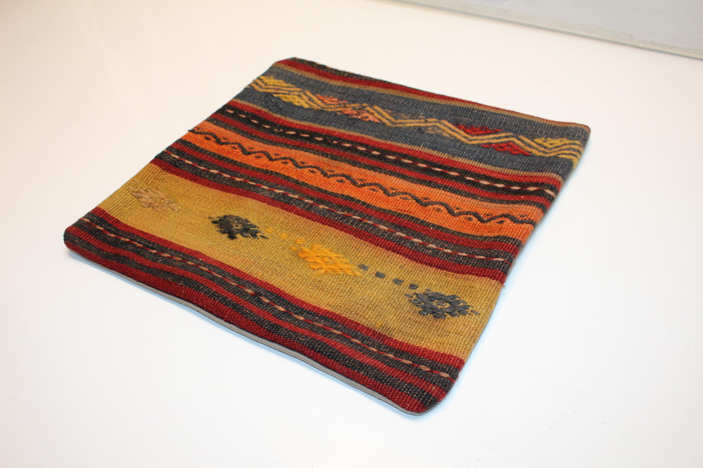 Vintage Turkish Kilim Pillow Cover, Striped Anatolian Rug Cushion, Rustic Boho Ethnic Pattern Accent Pillow (16x16 in)