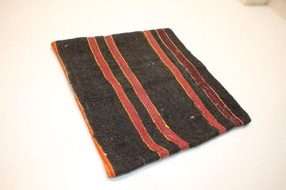 Vintage Turkish Kilim Pillow Cover, Black Striped Anatolian Rug Cushion, Rustic Boho Ethnic Accent Pillow(16x16 in)