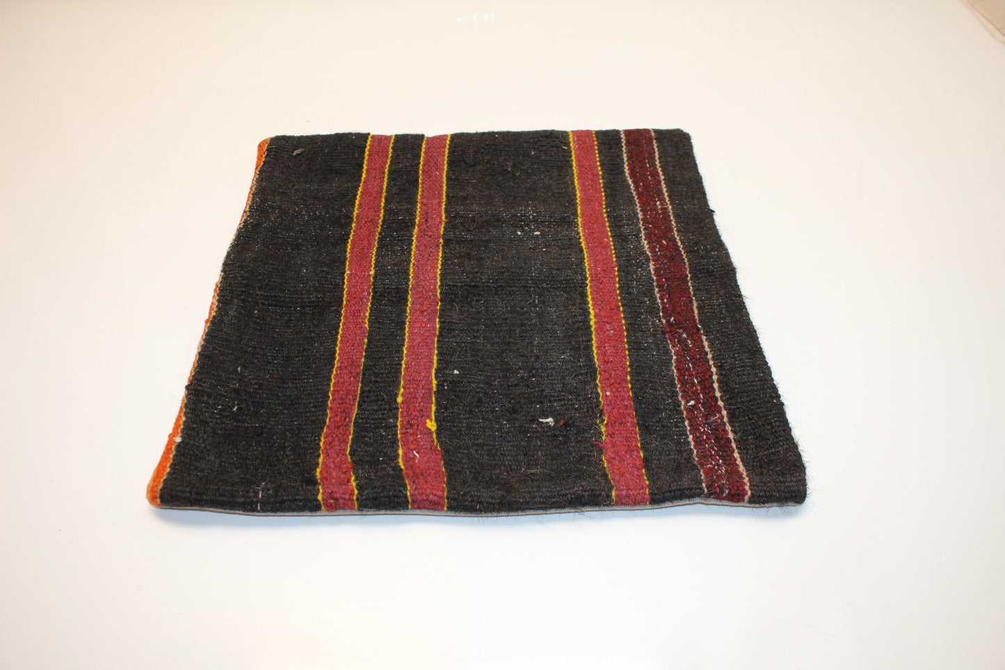 Vintage Turkish Kilim Pillow Cover, Black Striped Anatolian Rug Cushion, Rustic Boho Ethnic Accent Pillow(16x16 in)