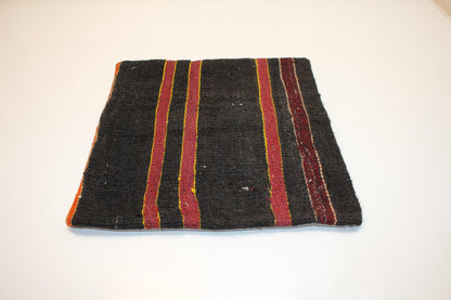 Vintage Turkish Kilim Pillow Cover, Black Striped Anatolian Rug Cushion, Rustic Boho Ethnic Accent Pillow(16x16 in)