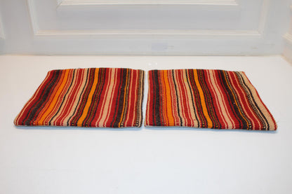 Set of 2 Vintage Turkish Kilim Pillow Covers, Red Striped Wool Cushions (16x16 in)