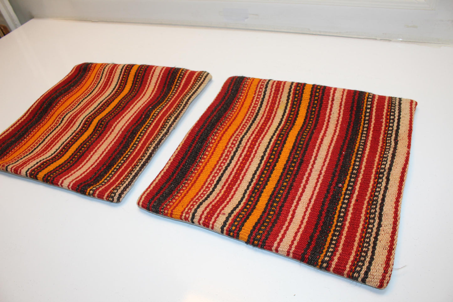 Set of 2 Vintage Turkish Kilim Pillow Covers, Red Striped Wool Cushions (16x16 in)