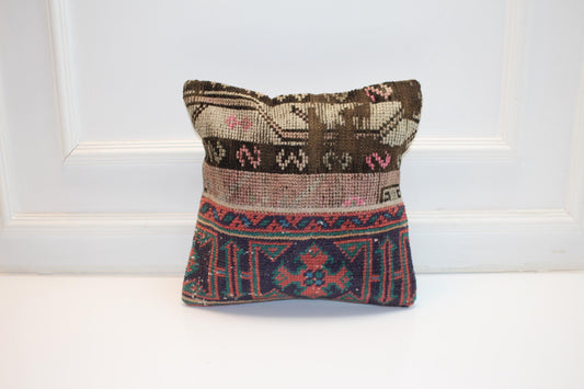 Vintage Turkish Kilim Pillow Cover With Tribal Patchwork Design, Earthy Boho Cushion For Sofa, Bench, Rustic Home Decor(16x16 in)