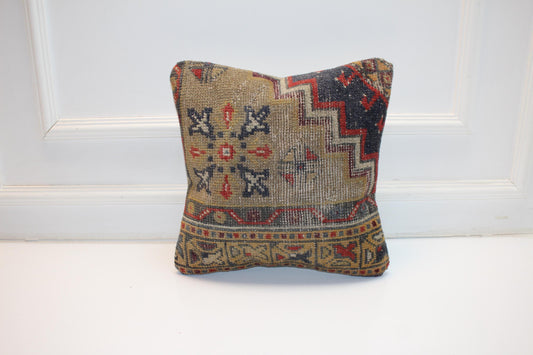 Vintage Turkish Kilim Pillow Cover With Geometric Tribal Motifs, Earth Tone Rustic Cushion For Sofa, Bench, Boho Home Decor(16x16 in)