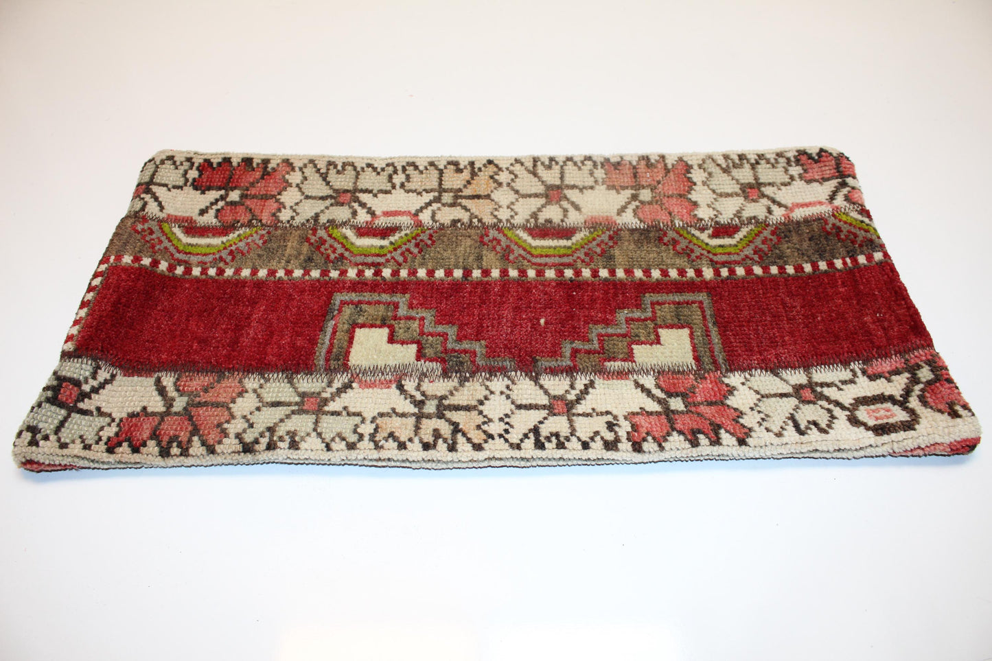 Red Turkish Kilim Lumbar Pillow Cover, Boho Home Decor (12x24)