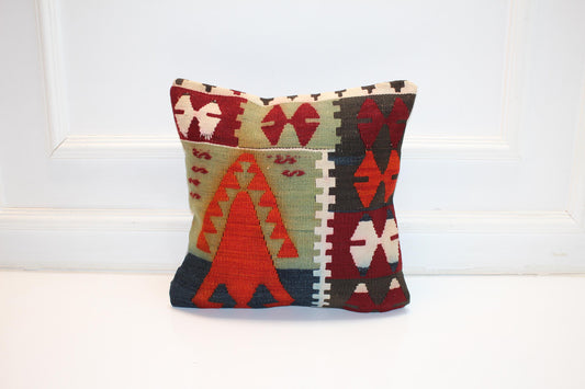 Vintage Turkish Kilim Pillow Cover With Bold Geometric Tribal Motifs, Colorful Ethnic Cushion For Sofa Bench Boho Decor(16x16 in)