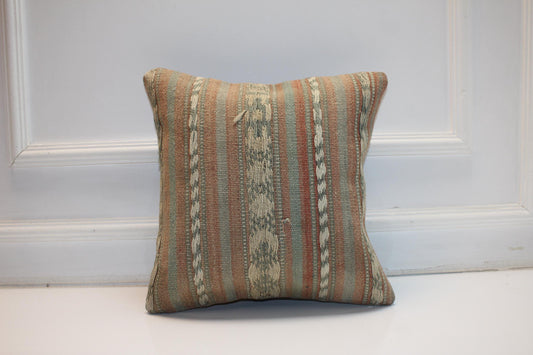 Vintage Turkish Kilim Pillow Cover in Teal Blue and Coral Tones, Striped Anatolian Rug Cushion with Ocean Inspired Colors (16x16 in)
