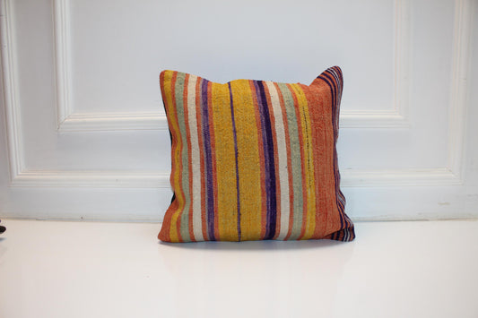 Vintage Turkish Kilim Pillow Cover with Mustard Yellow, Terracotta Orange and Purple Stripes, Colorful Anatolian Rug Cushion(16x16 in)