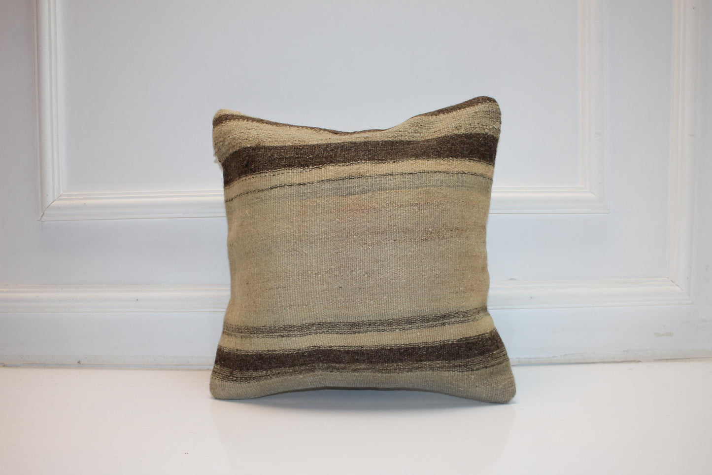 Vintage Turkish Kilim Pillow Cover in Beige and Brown Tones, Neutral Anatolian Rug Cushion with Earthy Stripes (16x16 in)