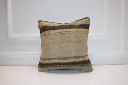 Vintage Turkish Kilim Pillow Cover in Beige and Brown Tones, Neutral Anatolian Rug Cushion with Earthy Stripes (16x16 in)