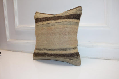 Vintage Turkish Kilim Pillow Cover in Beige and Brown Tones, Neutral Anatolian Rug Cushion with Earthy Stripes (16x16 in)
