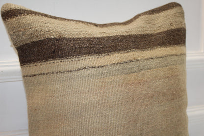 Vintage Turkish Kilim Pillow Cover in Beige and Brown Tones, Neutral Anatolian Rug Cushion with Earthy Stripes (16x16 in)