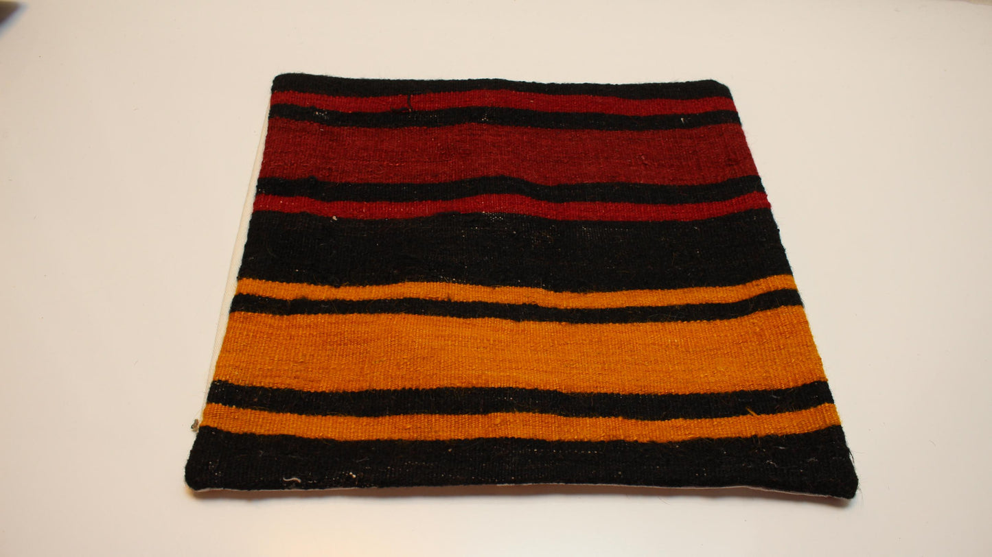 Vintage Turkish Kilim Pillow Cover with Black, Red and Mustard Yellow Stripes, Bold Anatolian Rug Cushion (16x16 in)