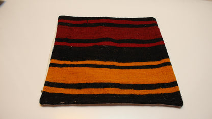 Vintage Turkish Kilim Pillow Cover with Black, Red and Mustard Yellow Stripes, Bold Anatolian Rug Cushion (16x16 in)