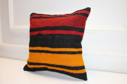 Vintage Turkish Kilim Pillow Cover with Black, Red and Mustard Yellow Stripes, Bold Anatolian Rug Cushion (16x16 in)