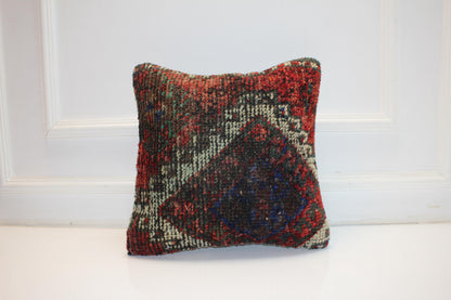 Vintage Turkish Kilim Pillow Cover with Deep Red, Black and Indigo Blue Pattern, Antique Anatolian Rug Cushion(16x16 in)