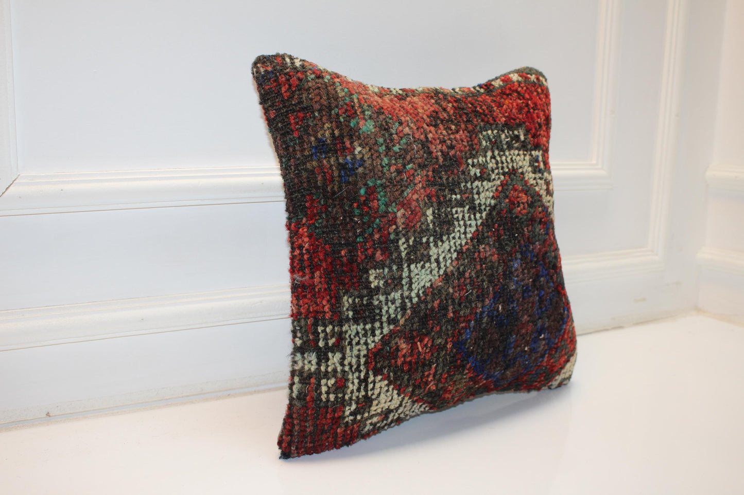 Vintage Turkish Kilim Pillow Cover with Deep Red, Black and Indigo Blue Pattern, Antique Anatolian Rug Cushion(16x16 in)