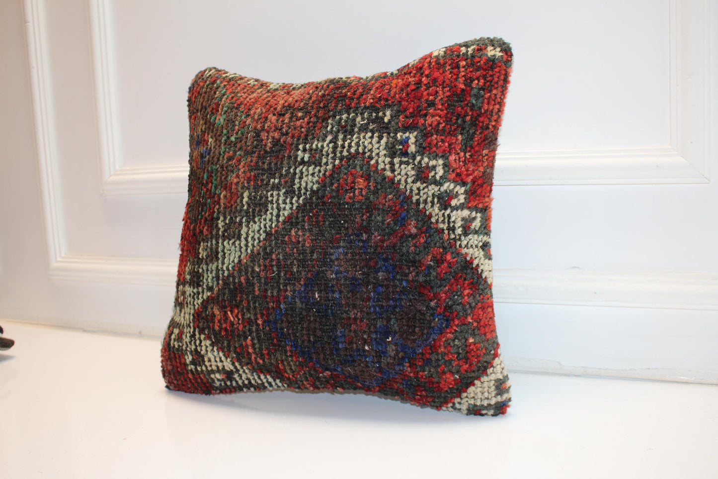 Vintage Turkish Kilim Pillow Cover with Deep Red, Black and Indigo Blue Pattern, Antique Anatolian Rug Cushion(16x16 in)