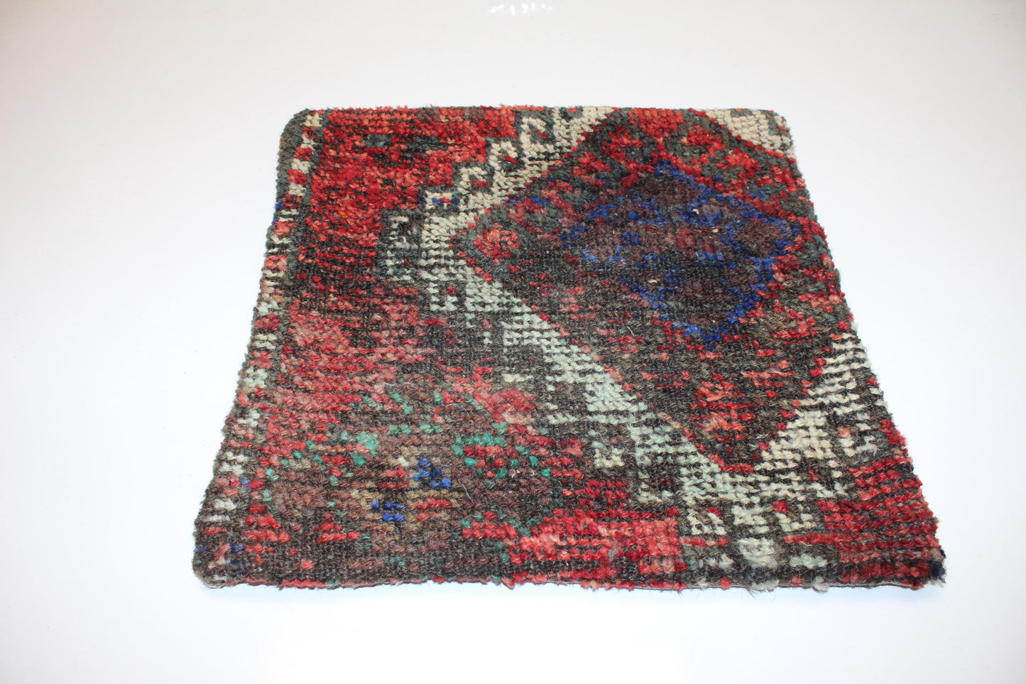 Vintage Turkish Kilim Pillow Cover with Deep Red, Black and Indigo Blue Pattern, Antique Anatolian Rug Cushion(16x16 in)