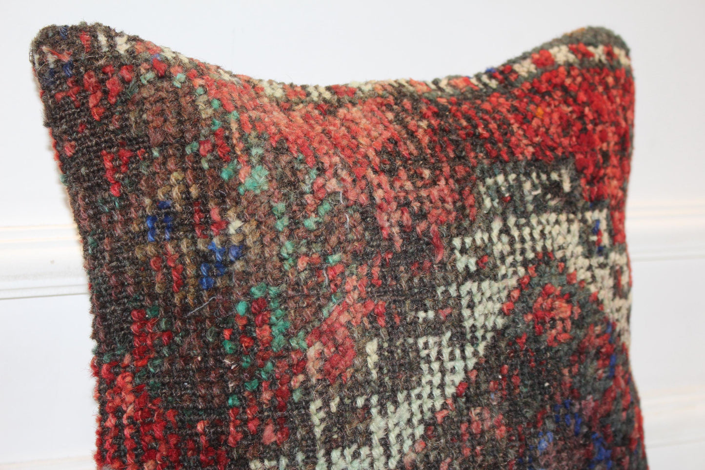 Vintage Turkish Kilim Pillow Cover with Deep Red, Black and Indigo Blue Pattern, Antique Anatolian Rug Cushion(16x16 in)
