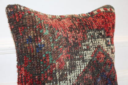 Vintage Turkish Kilim Pillow Cover with Deep Red, Black and Indigo Blue Pattern, Antique Anatolian Rug Cushion(16x16 in)