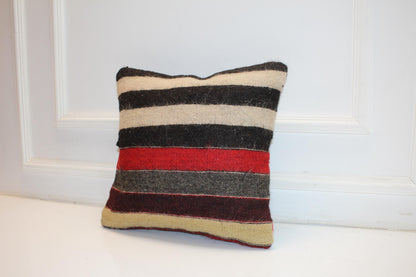 Vintage Turkish Kilim Pillow Cover with Black, Cream, Red and Charcoal Stripes, Neutral Anatolian Rug(16x16 in)