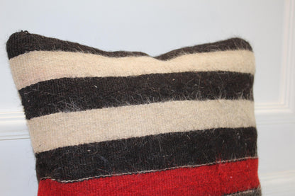 Vintage Turkish Kilim Pillow Cover with Black, Cream, Red and Charcoal Stripes, Neutral Anatolian Rug(16x16 in)