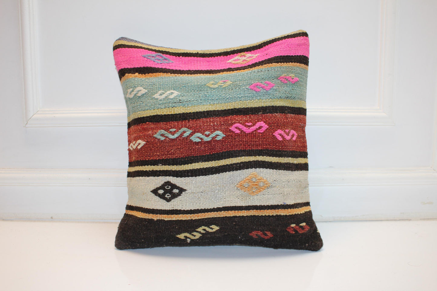 Vintage Turkish Kilim Pillow Cover with Pink, Turquoise and Earth Tone Stripes(16x16 in)