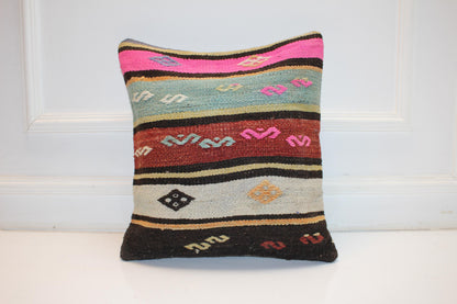 Vintage Turkish Kilim Pillow Cover with Pink, Turquoise and Earth Tone Stripes(16x16 in)