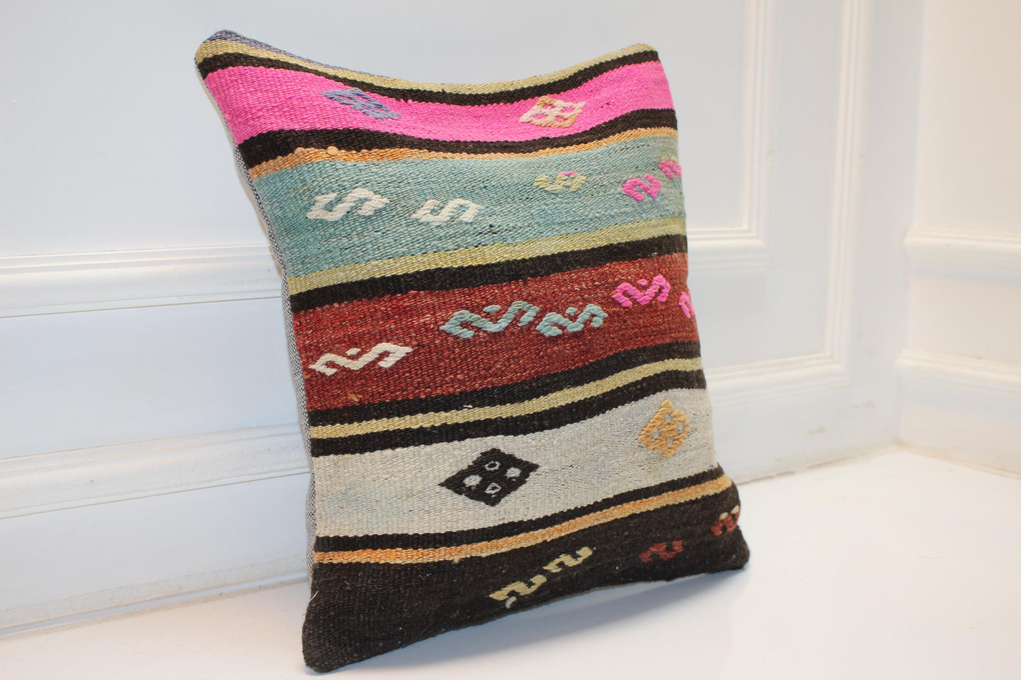 Vintage Turkish Kilim Pillow Cover with Pink, Turquoise and Earth Tone Stripes(16x16 in)
