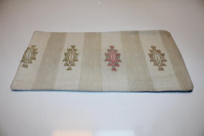 Vintage Turkish Kilim Lumbar Pillow , Neutral Beige Boho Cushion Cover, Handwoven Anatolian Rug Pillow