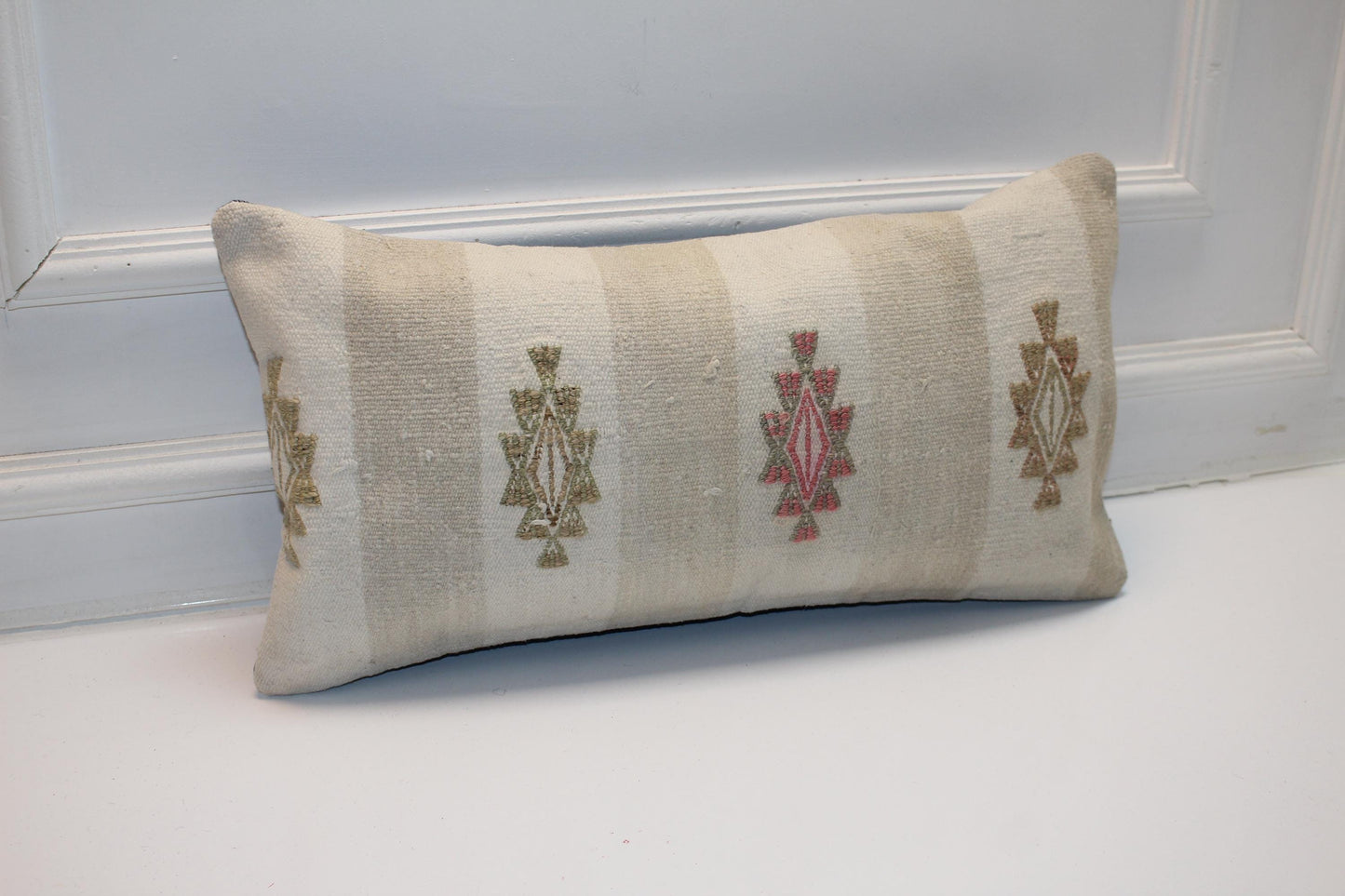 Vintage Turkish Kilim Lumbar Pillow , Neutral Beige Boho Cushion Cover, Handwoven Anatolian Rug Pillow