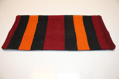 Striped Anatolian Kilim Lumbar Pillow Cover, Red Black Orange, 12x24