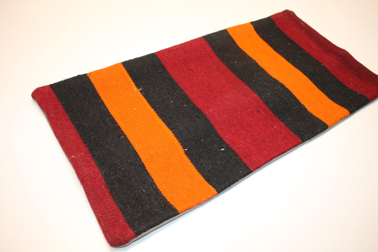 Striped Anatolian Kilim Lumbar Pillow Cover, Red Black Orange, 12x24